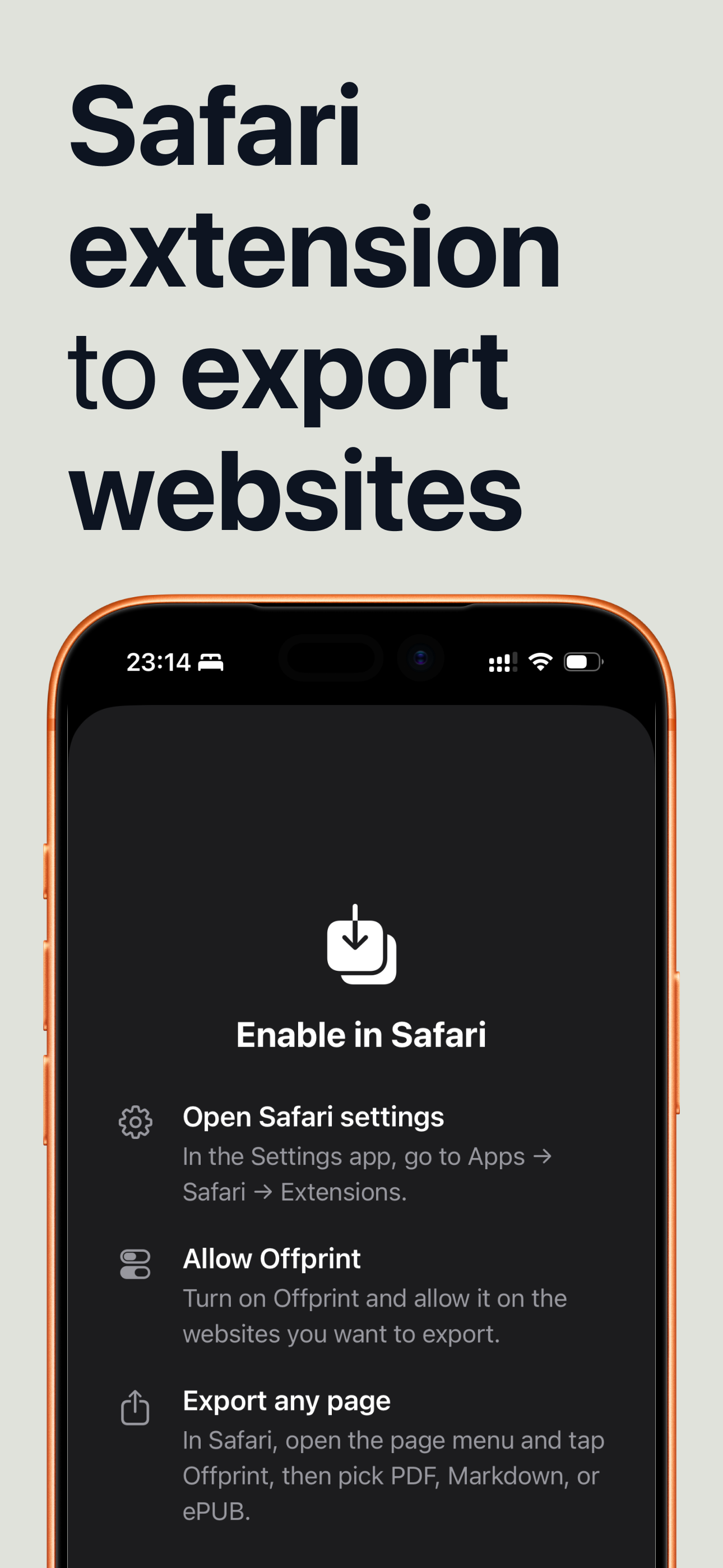 Offprint onboarding screen explaining how to enable the extension in Safari