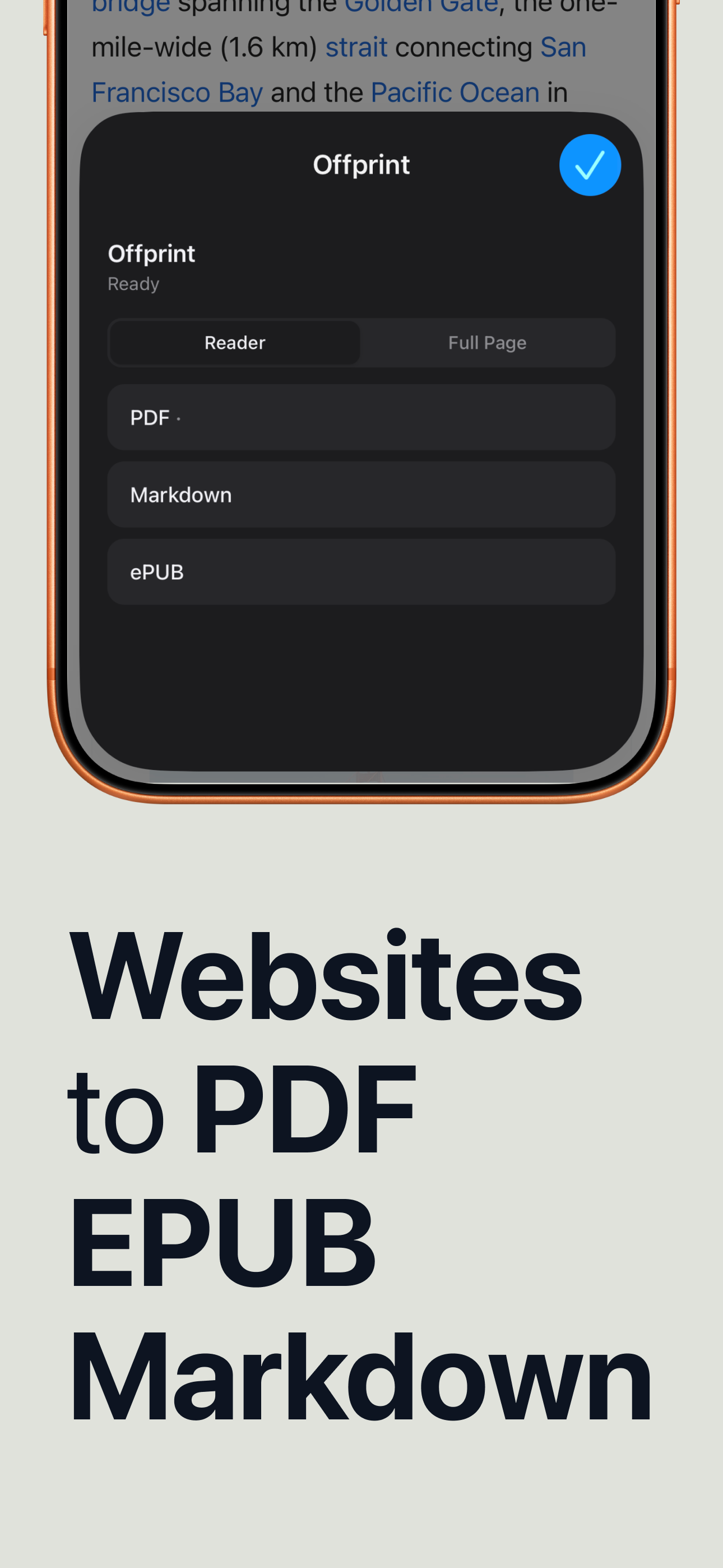 Offprint format picker showing Reader, PDF, Markdown and ePUB options